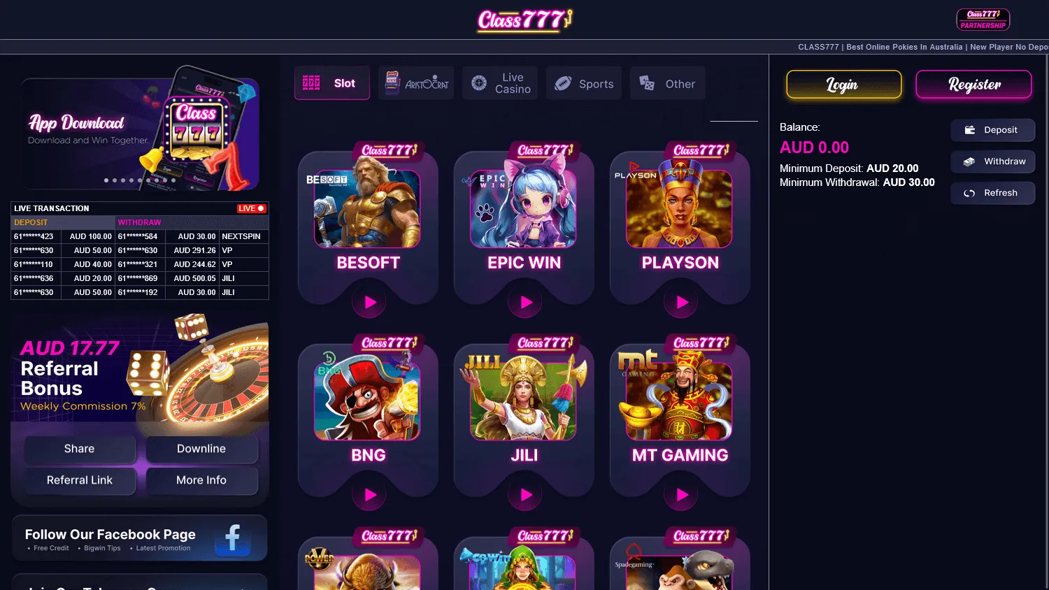 Class777 Casino home page on a desktop browser