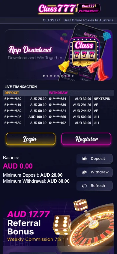 Class777 Casino game lobby on a mobile browser